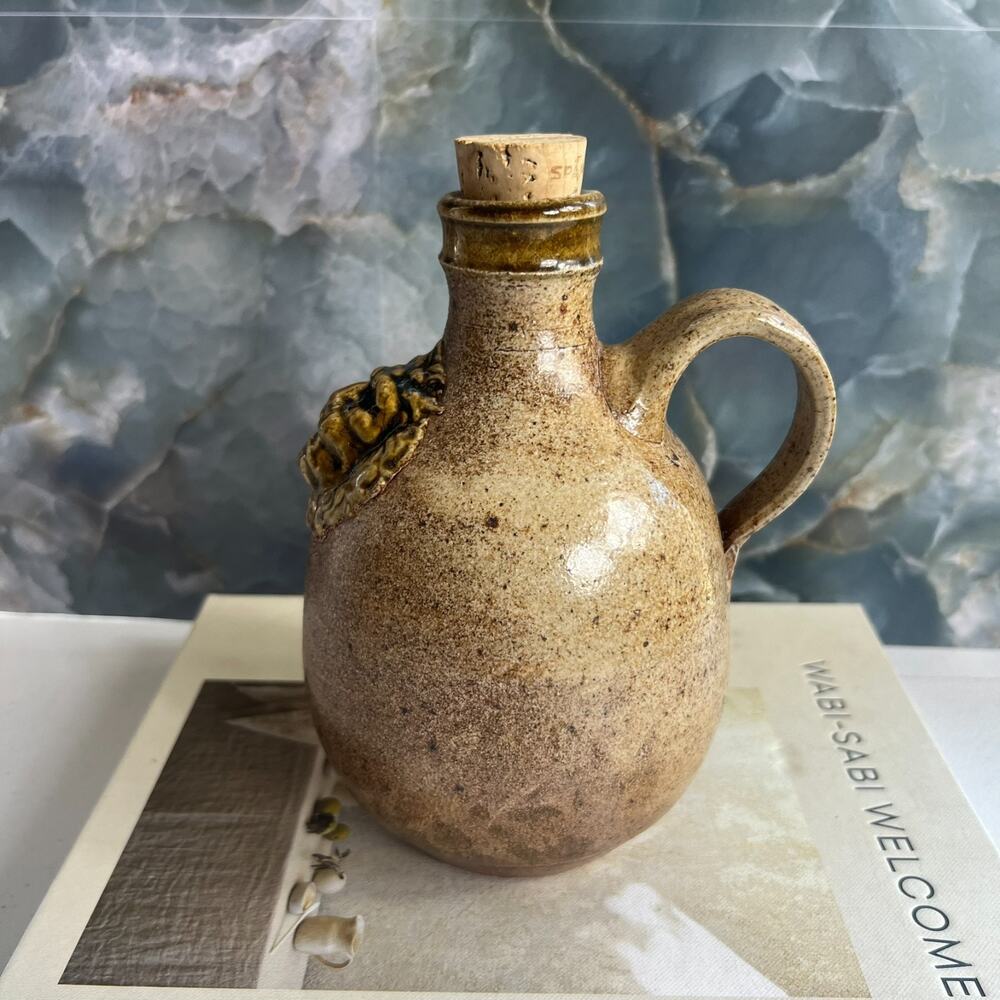 Art Studio Stoneware Jug With Handle Cork 3D Lion Speckled Brown Glazed